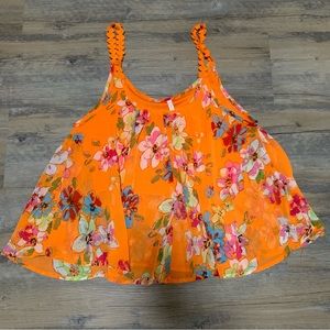 PPLA CLOTHING Sheer Floral Orange with Lace Detail Tank Top Double Layer